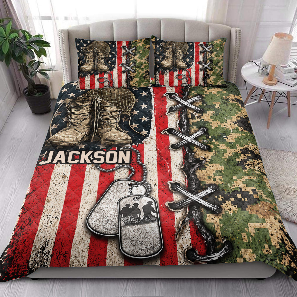 Veteran quilt blanket styled in a bedroom with combat boots, camouflage, dog tags, and patriotic details