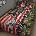 Military-themed veteran quilt blanket featuring combat boots, camouflage, dog tags, and American flag stripes