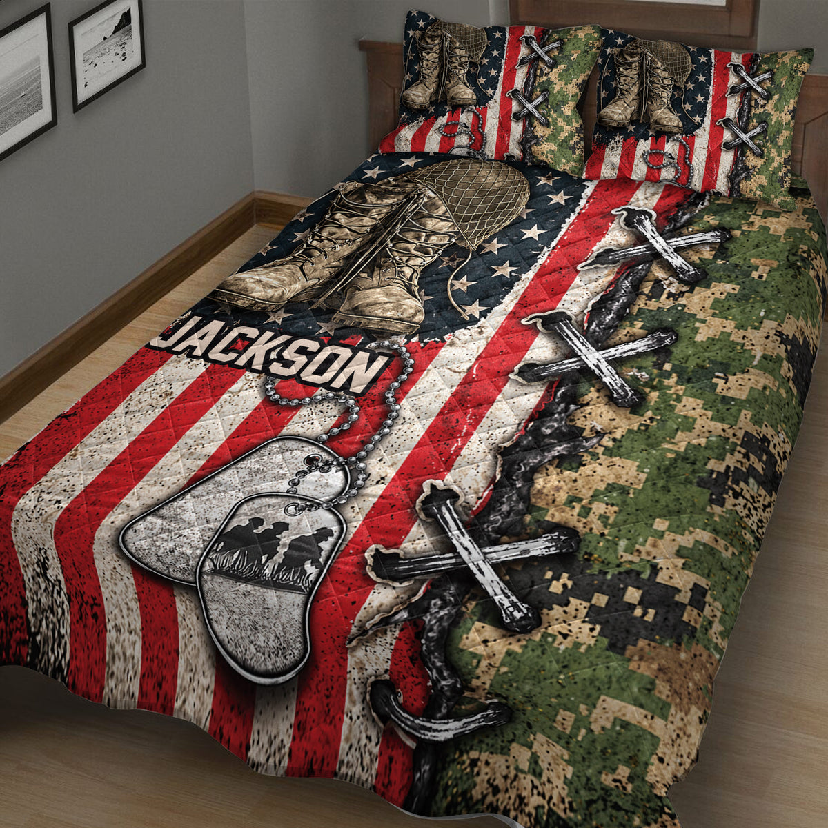 Military-themed veteran quilt blanket featuring combat boots, camouflage, dog tags, and American flag stripes