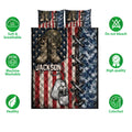 Veteran quilt bedding set showing military boots, helmet, dog tags, camouflage and patriotic flag artwork