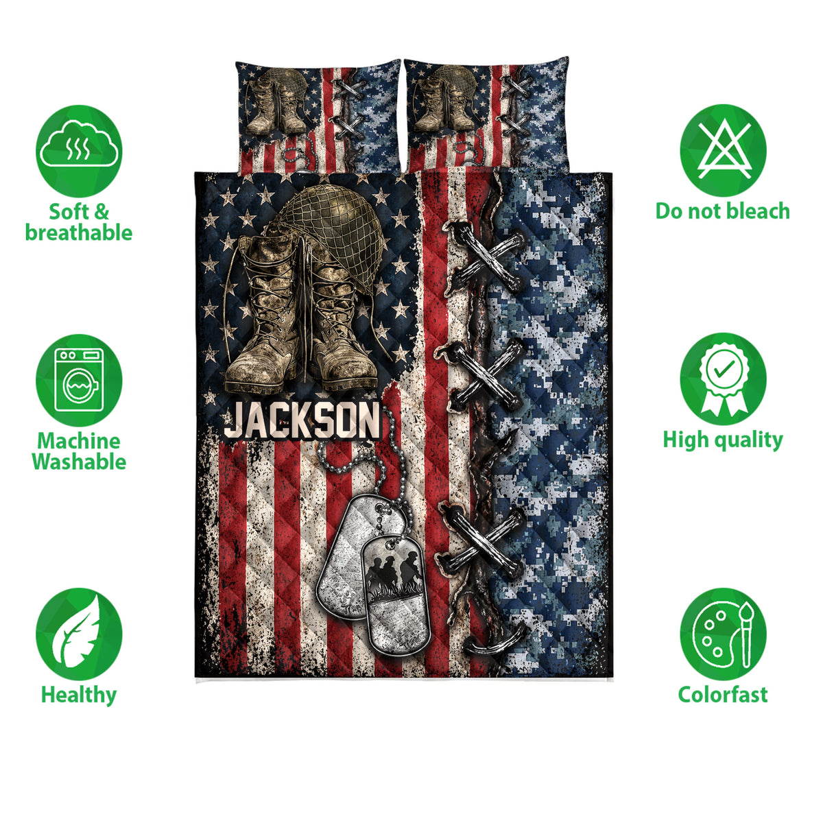Veteran quilt bedding set showing military boots, helmet, dog tags, camouflage and patriotic flag artwork