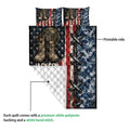 Veteran quilt close-up showing a printed military design and white quilted backing