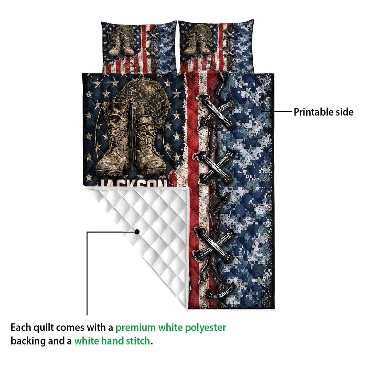 Veteran quilt close-up showing a printed military design and white quilted backing