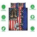 Veteran quilt bedding set showing military artwork, combat boots, dog tags, patriotic stripes, and product feature icons