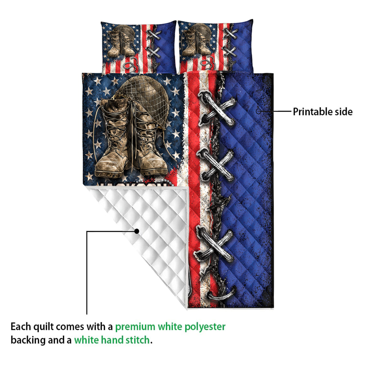 Veteran quilt blanket detail showing printed military artwork and a white quilted backing