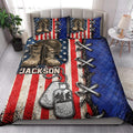 Patriotic veteran quilt blanket styled on a bed with combat boots, dog tags, crossed rifles, and bold military artwork