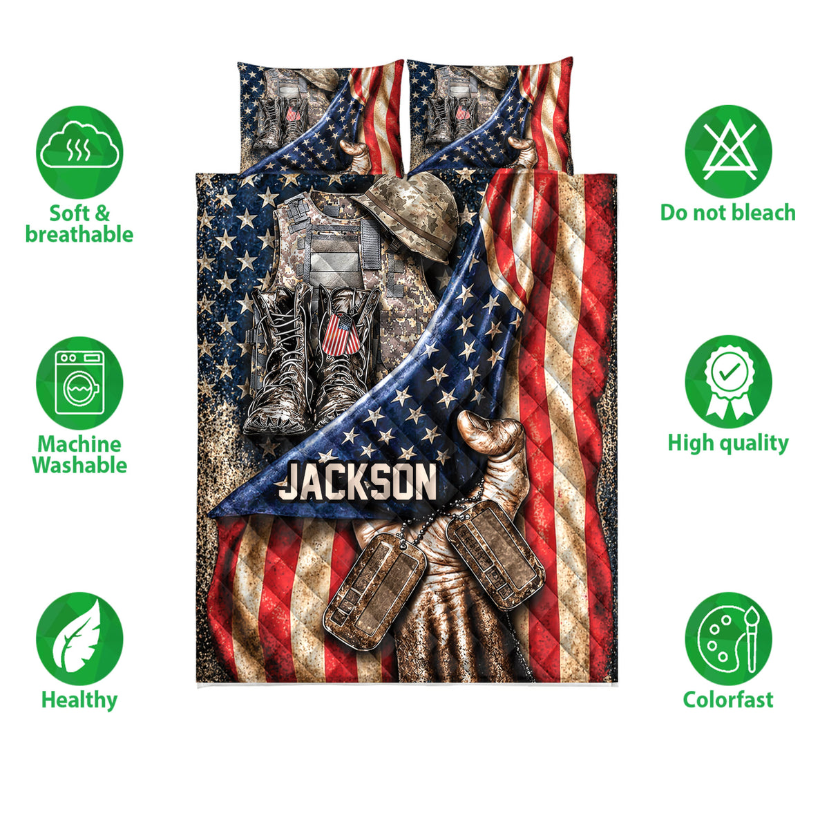 Veteran quilt bedding set with military gear, combat boots, dog tags, patriotic stars, and feature icons