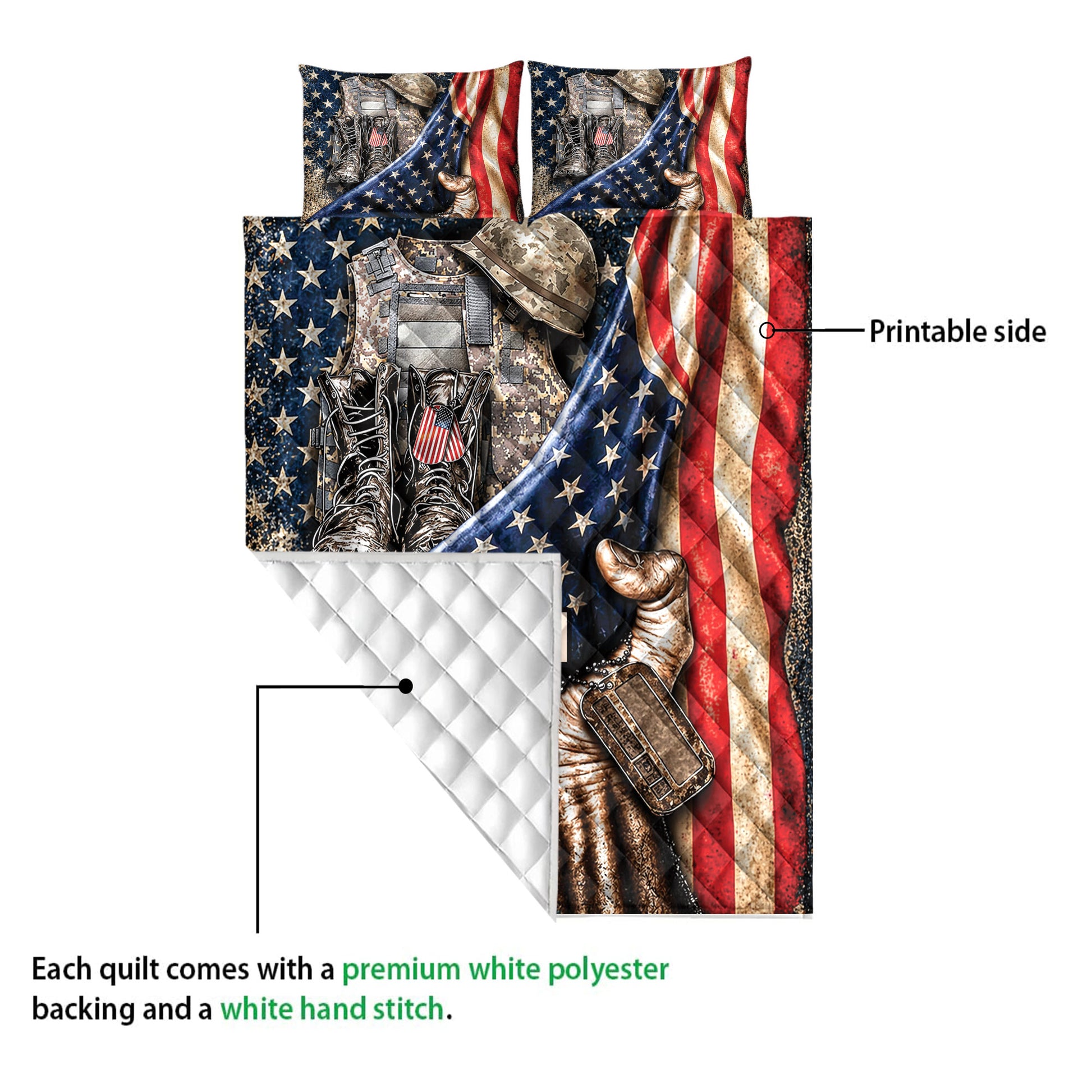 Veteran quilt blanket detail showing military artwork, patriotic flag design, printed side, and quilted reverse