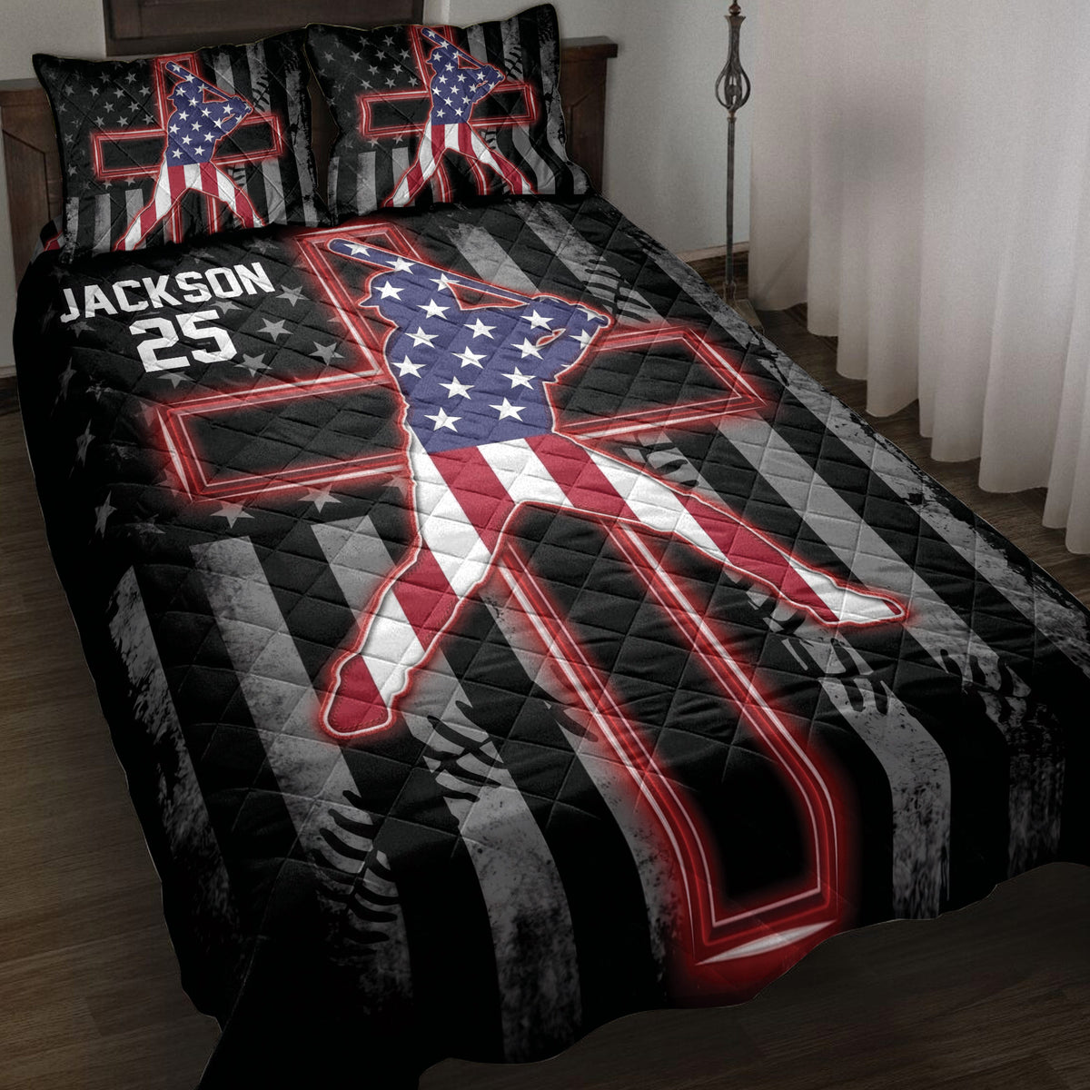 Baseball quilt blanket displayed on a bed with patriotic player artwork, stars, stripes, and bold red accents