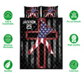 Patriotic baseball quilt bedding set shown front-facing with player artwork, star details, and black red design