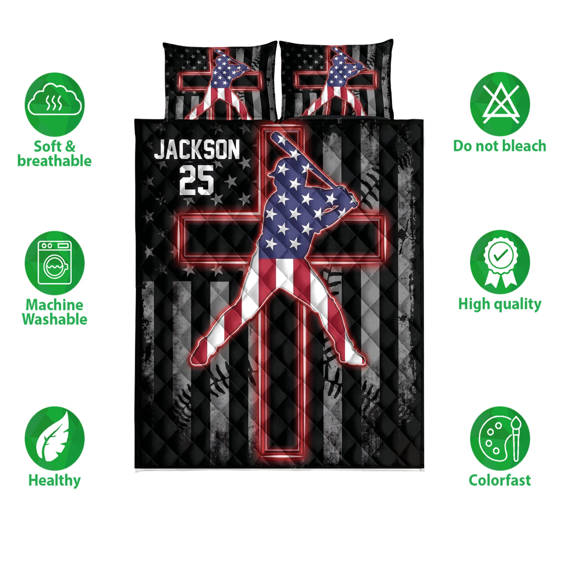 Patriotic baseball quilt bedding set shown front-facing with player artwork, star details, and black red design
