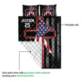 Baseball quilt blanket detail showing the printed player artwork, quilted texture, and white reverse backing