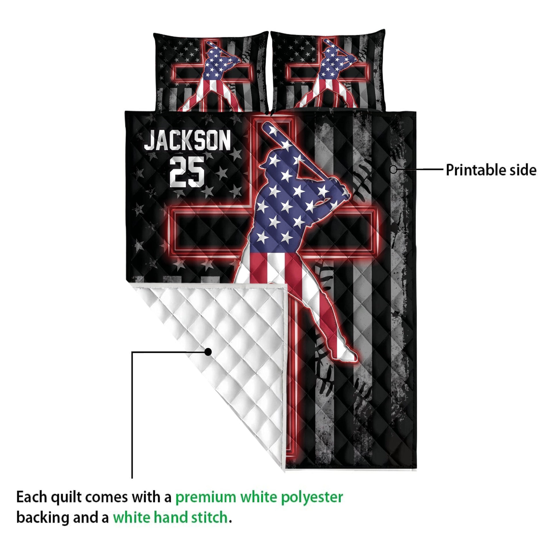 Baseball quilt blanket detail showing the printed player artwork, quilted texture, and white reverse backing