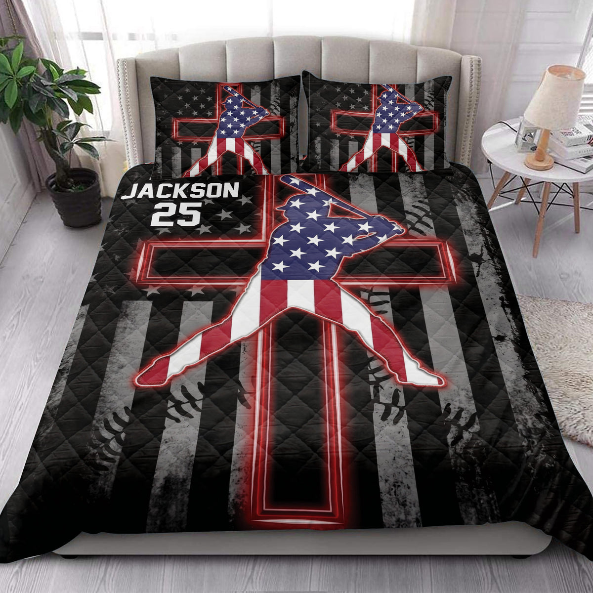 Patriotic baseball quilt styled in a bright bedroom with bold player artwork and coordinating bed accents