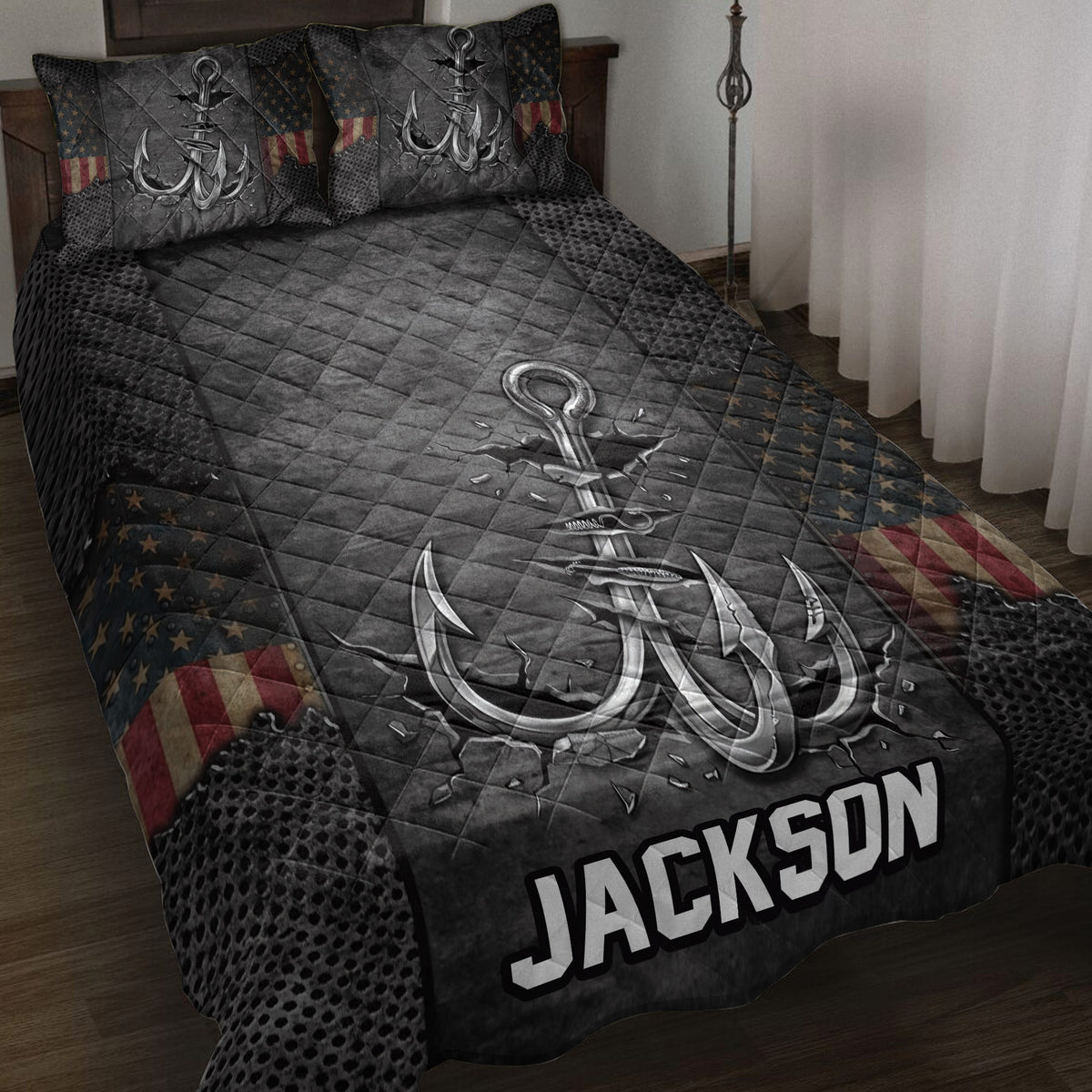 Fishing quilt blanket displayed on a bed with dramatic hook artwork, dark textures, stars, and patriotic accents