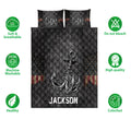 Fishing quilt bedding set with prominent hook artwork shown alongside product feature icons
