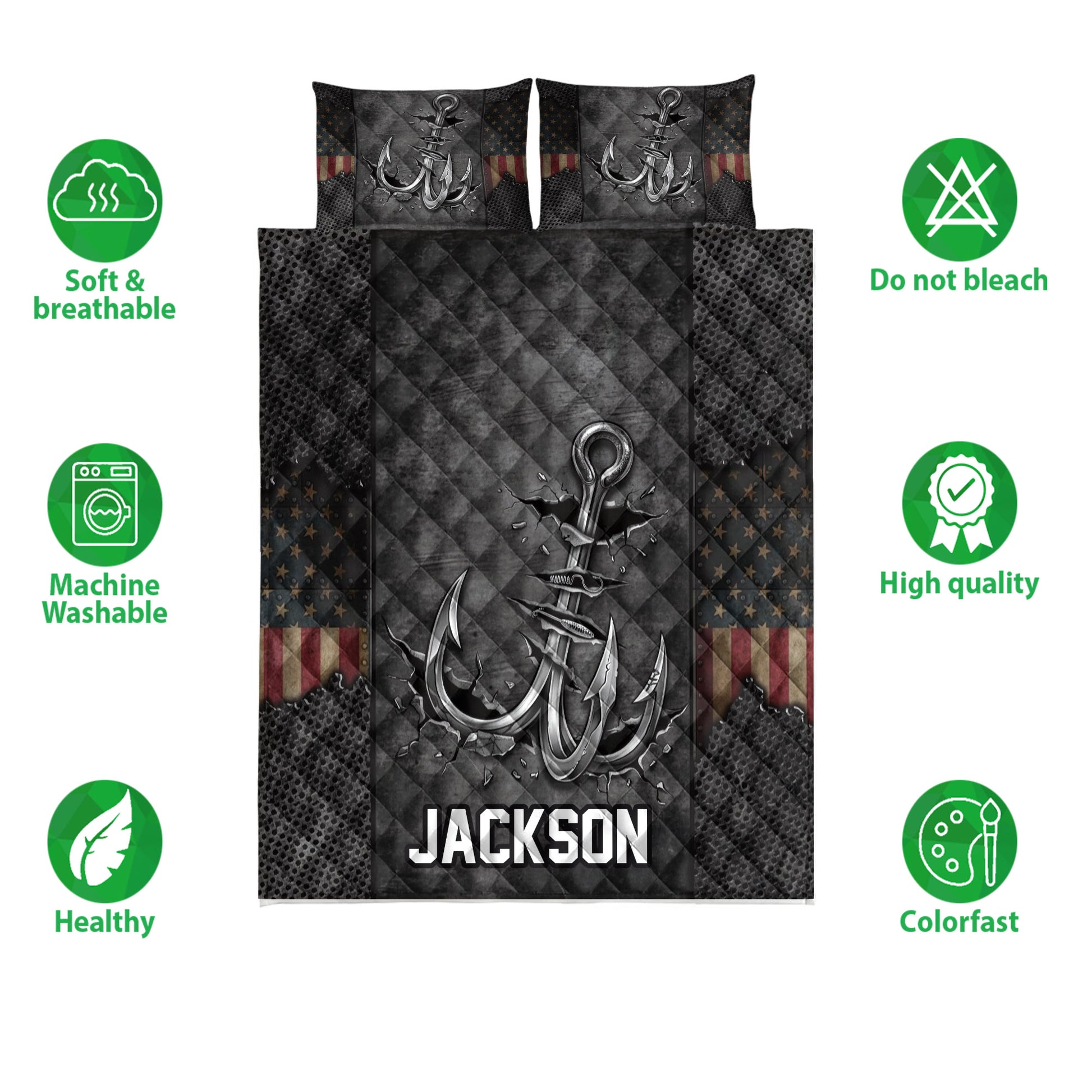 Fishing quilt bedding set with prominent hook artwork shown alongside product feature icons