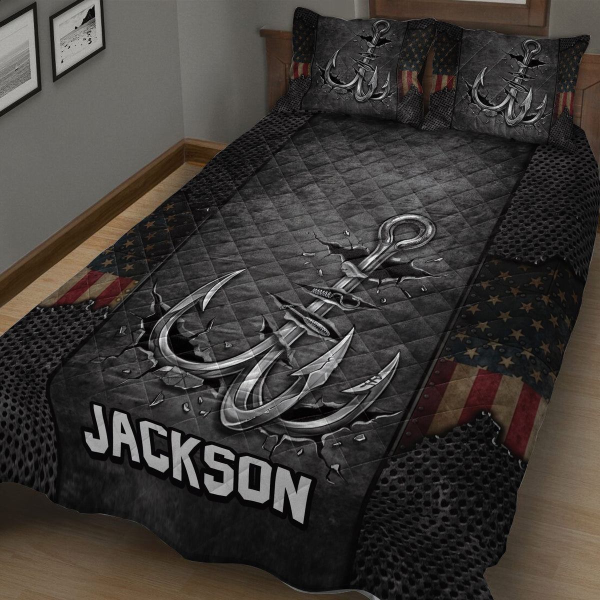 Angler-inspired quilt blanket shown from an angled bedroom view with fishing hook artwork and dark patriotic accents