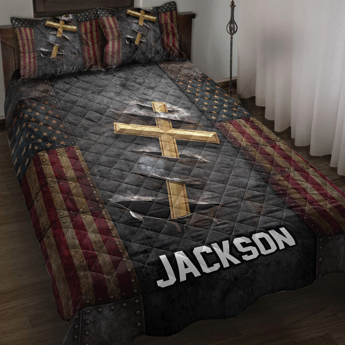 Christian cross quilt blanket with distressed patriotic stars and stripes displayed on a bedroom bed