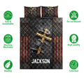 Christian cross quilt bedding set shown with matching printed pillows and product care feature icons