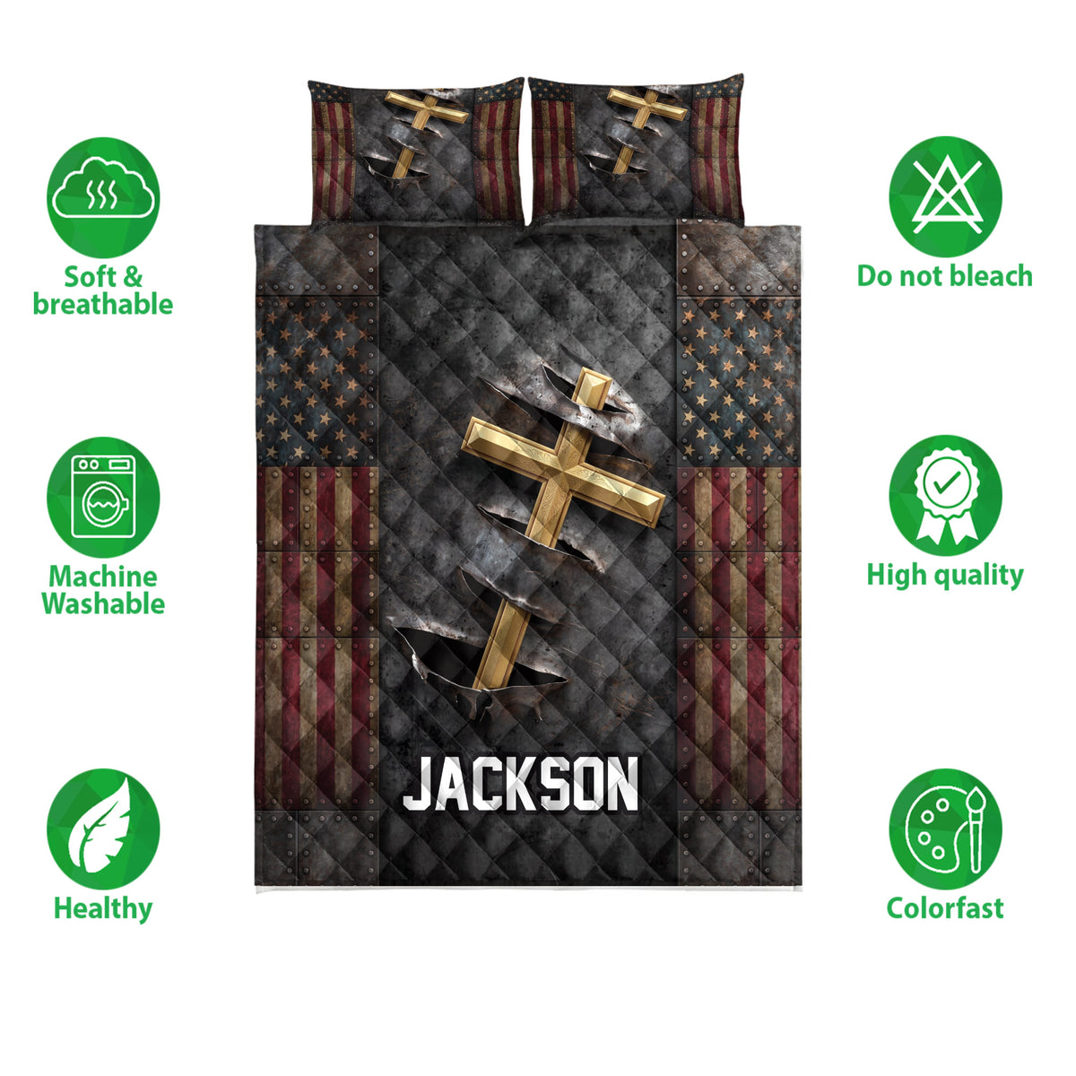 Christian cross quilt bedding set shown with matching printed pillows and product care feature icons