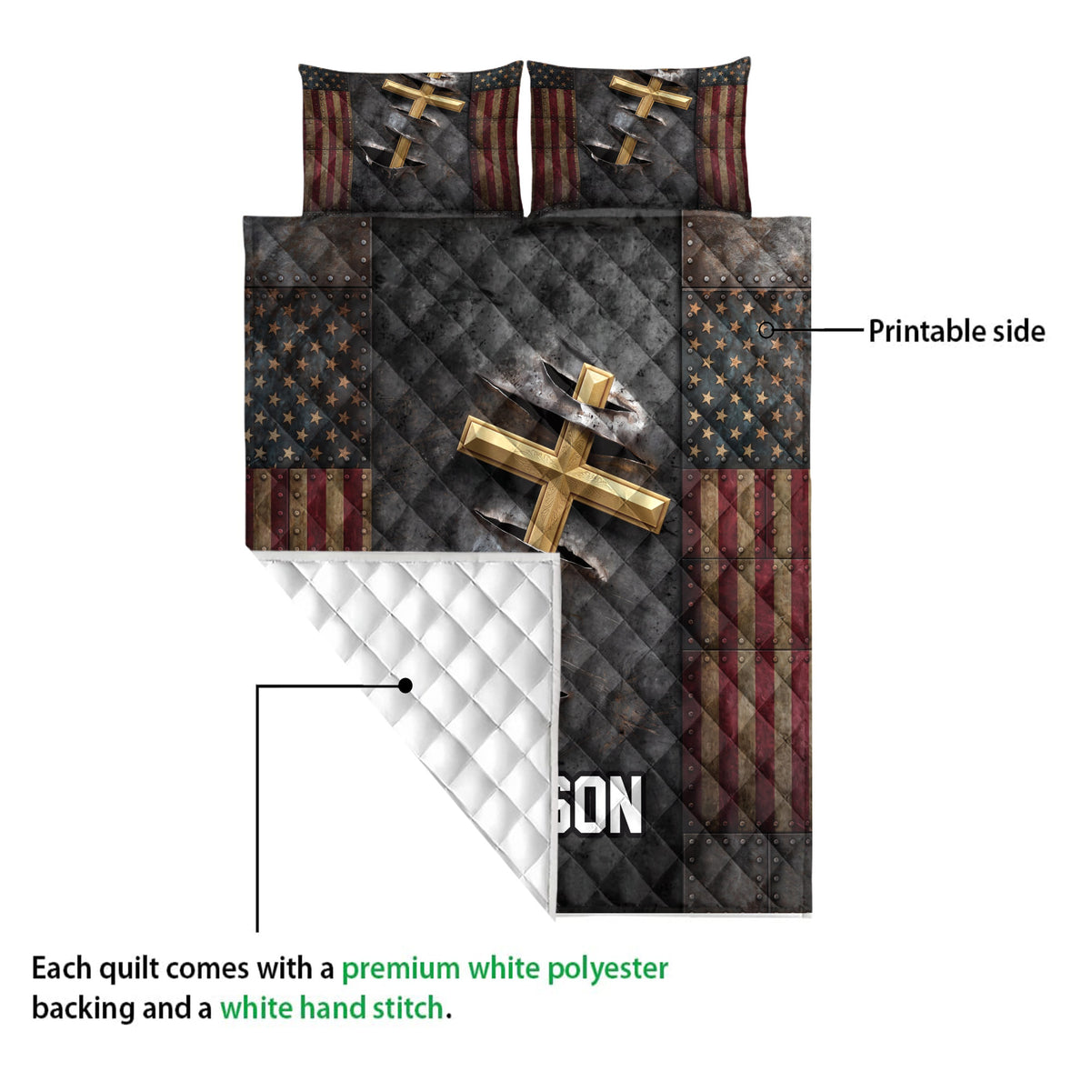 Christian cross quilt showing the printed front and white quilted reverse in a product detail view