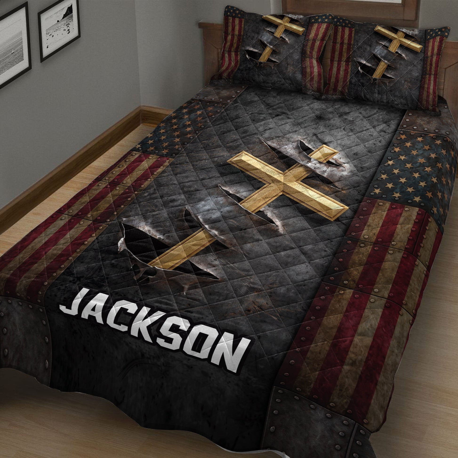Faith-inspired cross quilt blanket displayed on a bedroom bed with distressed patriotic artwork