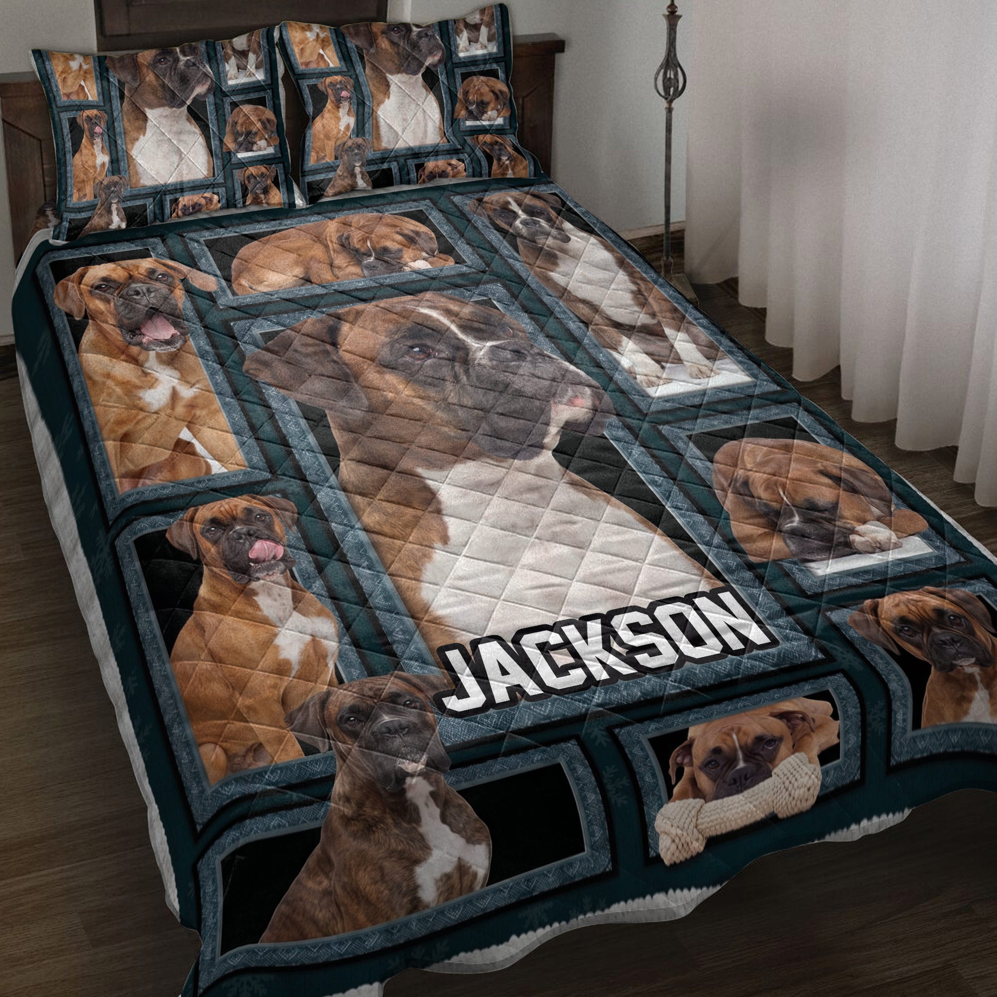 Boxer dog quilt blanket spread across a bed with framed Boxer portraits and dark teal borders