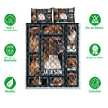 Boxer dog quilt bedding set displayed with soft breathable, washable and colorfast feature icons