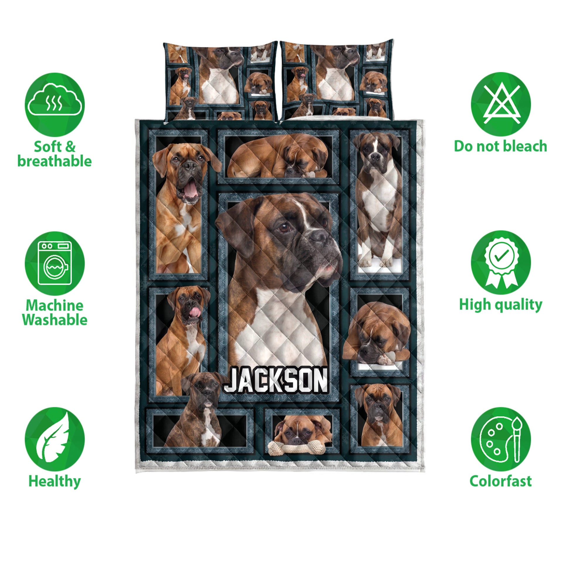 Boxer dog quilt bedding set displayed with soft breathable, washable and colorfast feature icons