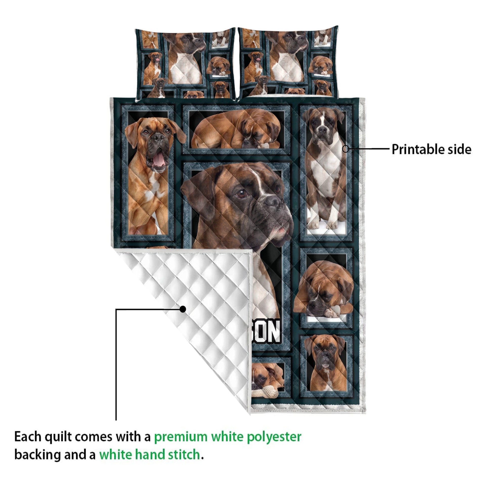 Boxer dog quilt showing its printed front and white quilted backing