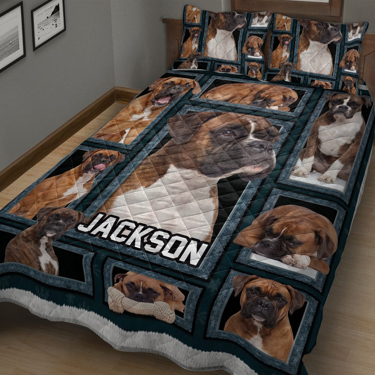 Close view of a Boxer dog quilt blanket featuring multiple framed dog portraits in a bedroom