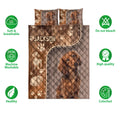Dachshund quilt bedding set displayed with dog portraits, paw prints, and product feature icons