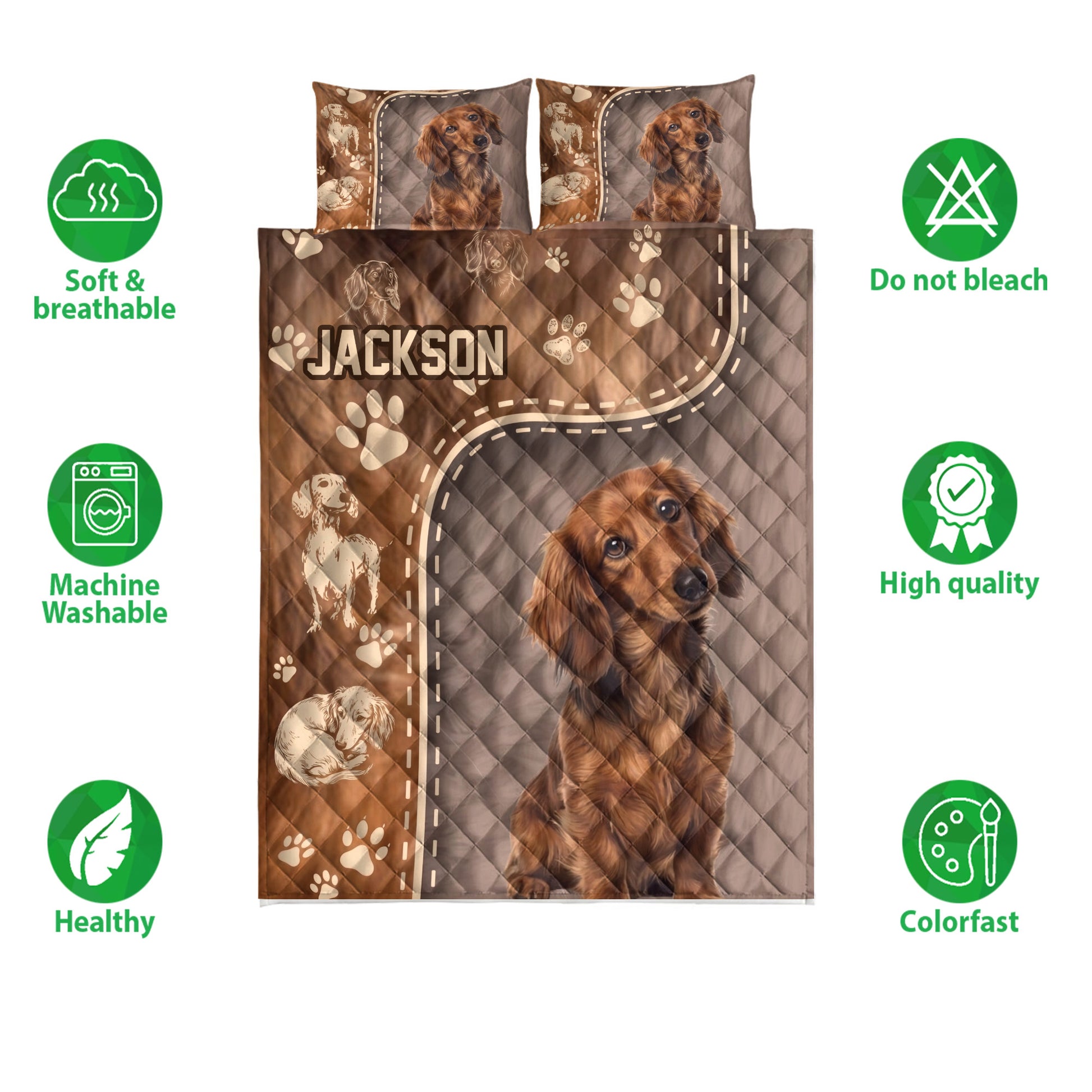Dachshund quilt bedding set displayed with dog portraits, paw prints, and product feature icons