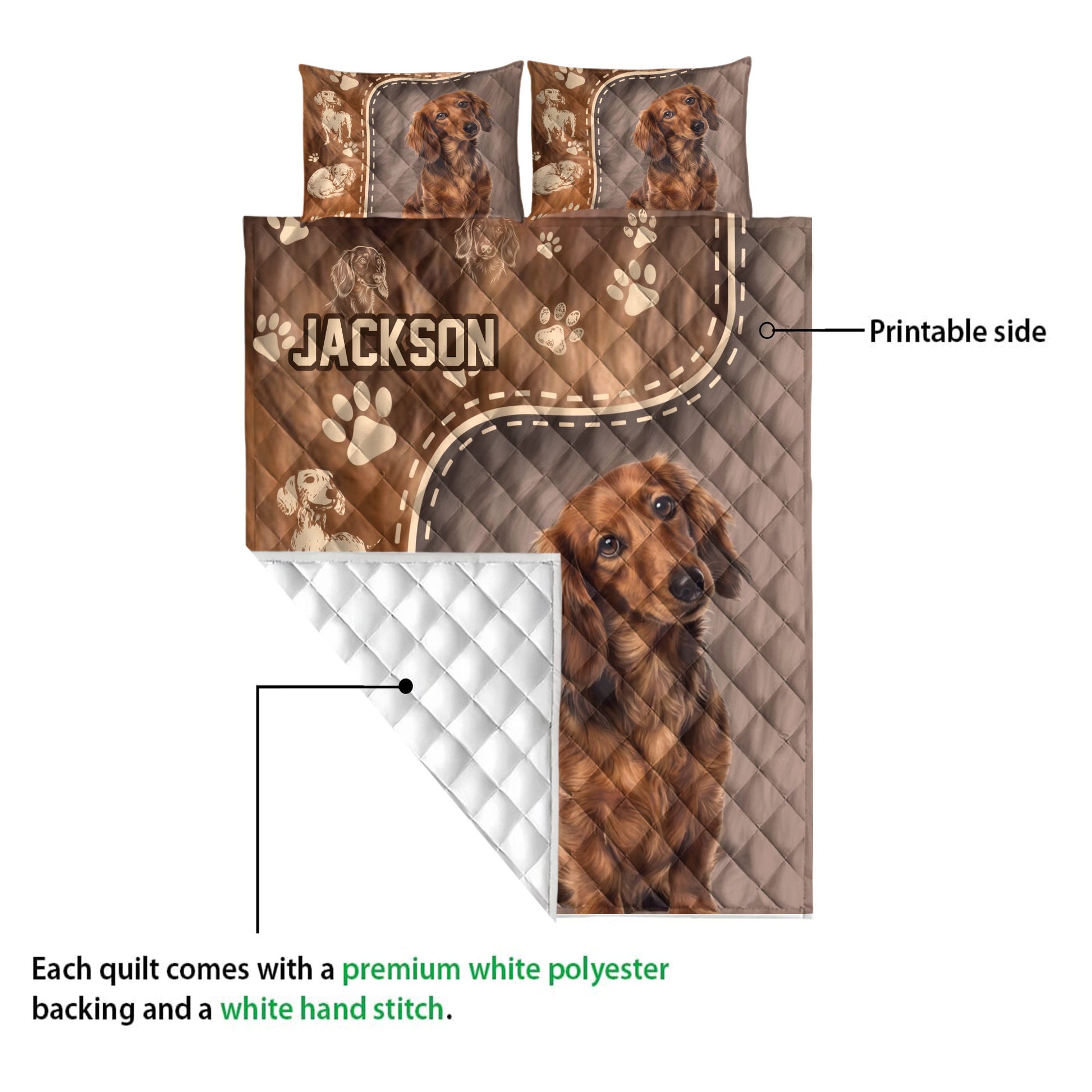 Dachshund quilt blanket showing the printed front, quilted backing, and dog portrait artwork