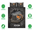 Trucker quilt bedding set with orange semi-truck artwork shown alongside softness and care feature icons