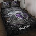 Trucker quilt bedding set displayed on a bed with bold purple semi-truck artwork in black and gray