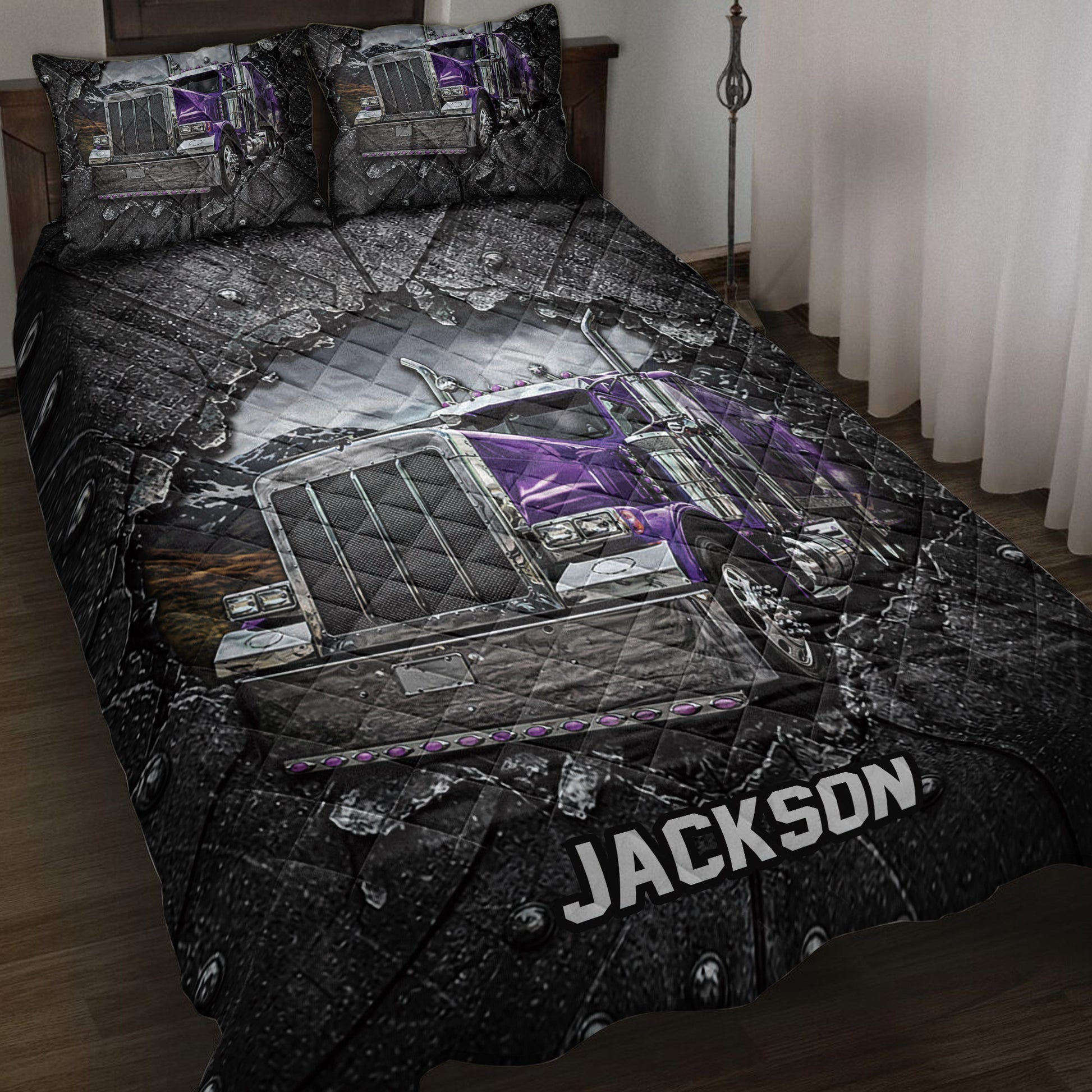 Trucker quilt bedding set displayed on a bed with bold purple semi-truck artwork in black and gray