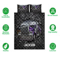 Trucker quilt bed set with purple semi-truck artwork shown alongside softness, washability, and color features