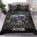 Trucker quilt blanket styled on a bedroom bed with dramatic purple big rig artwork