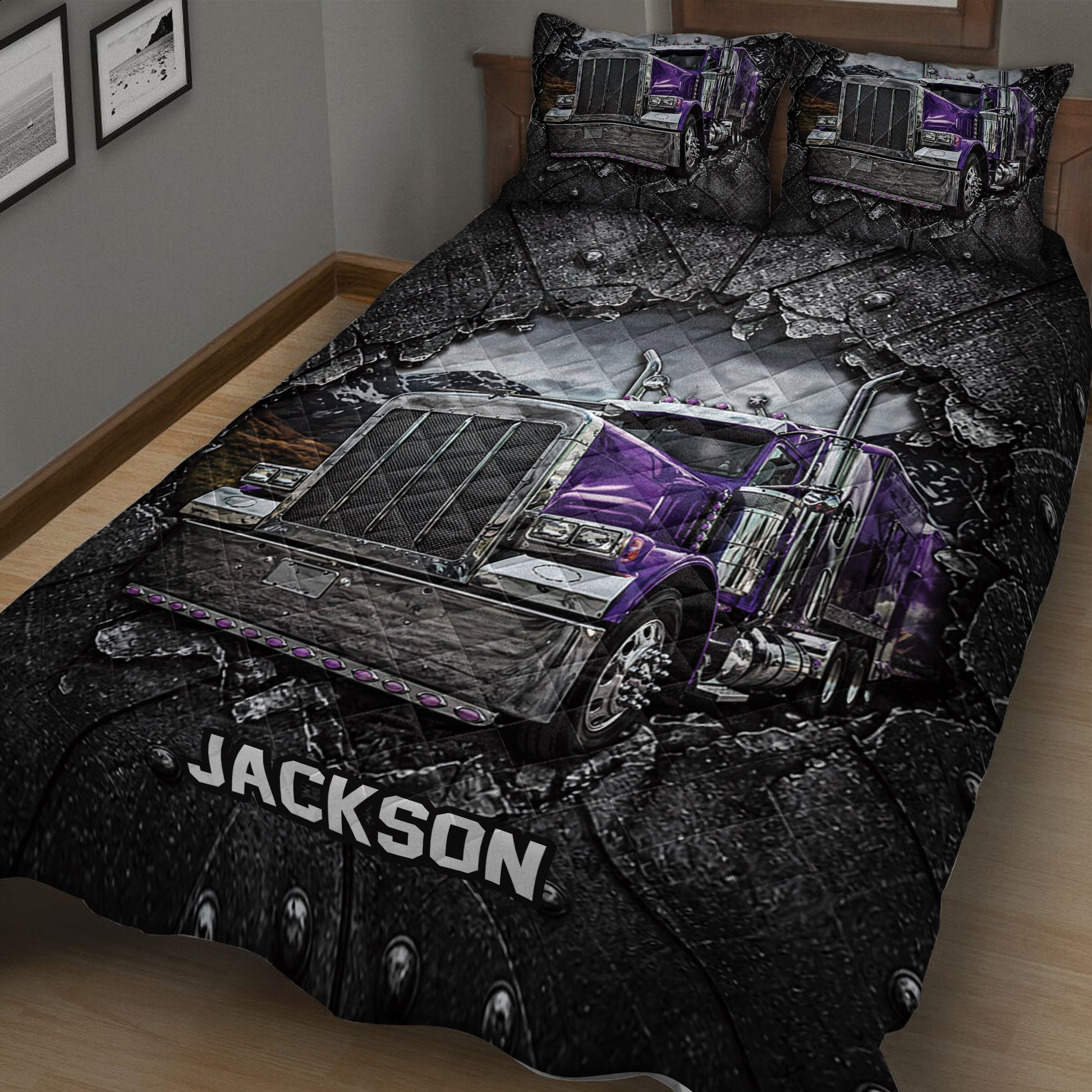 Close bedroom view of a black and purple semi-truck quilt blanket with matching truck artwork