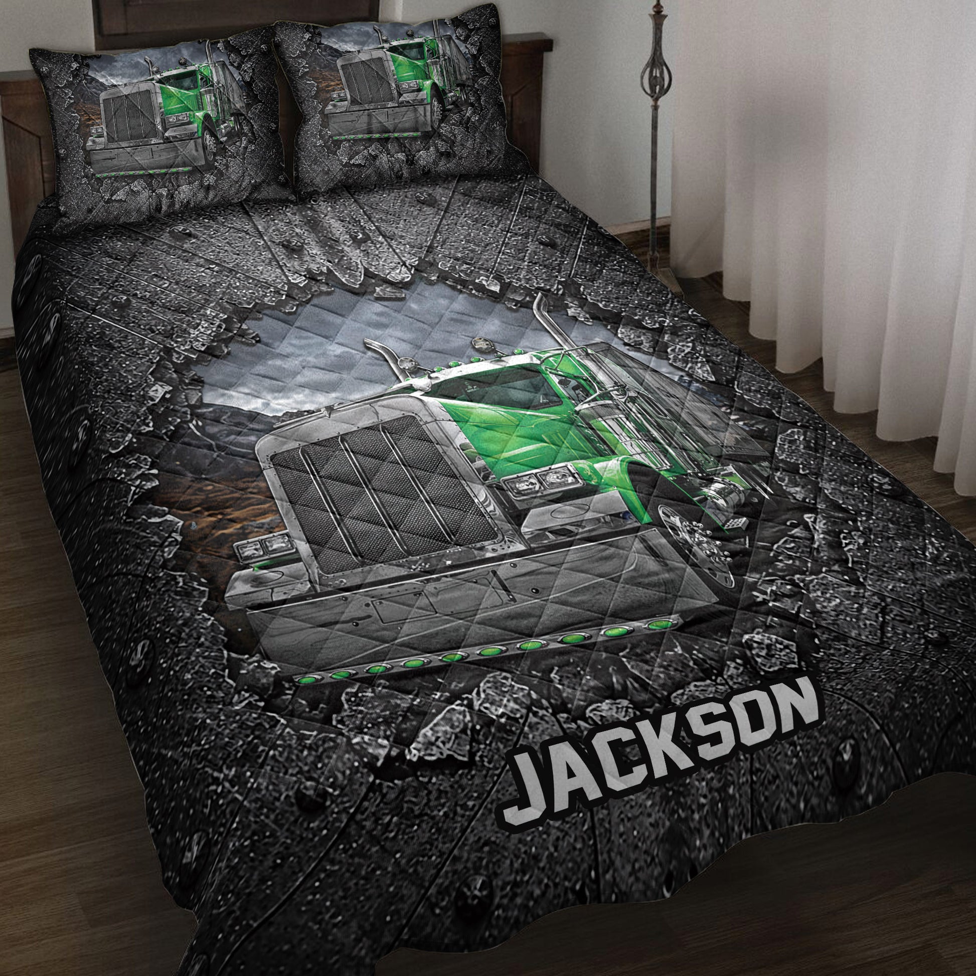 Green semi-truck quilt blanket displayed on a bed with matching truck artwork and dark industrial styling