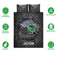 Green semi-truck quilt bedding set shown with matching pillow designs and black and gray truck artwork