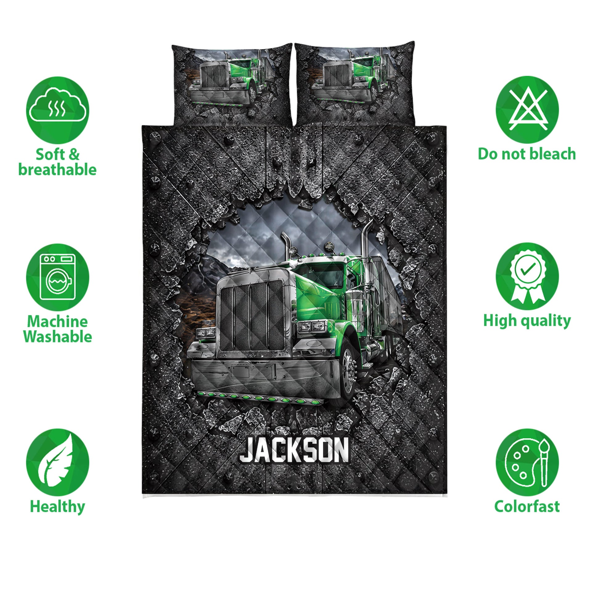 Green semi-truck quilt bedding set shown with matching pillow designs and black and gray truck artwork