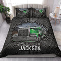 Green semi-truck quilt blanket styled in a modern bedroom with matching truck-themed pillow designs