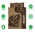 Welder quilt bedding set shown flat with brown diamond quilting and welding-themed artwork