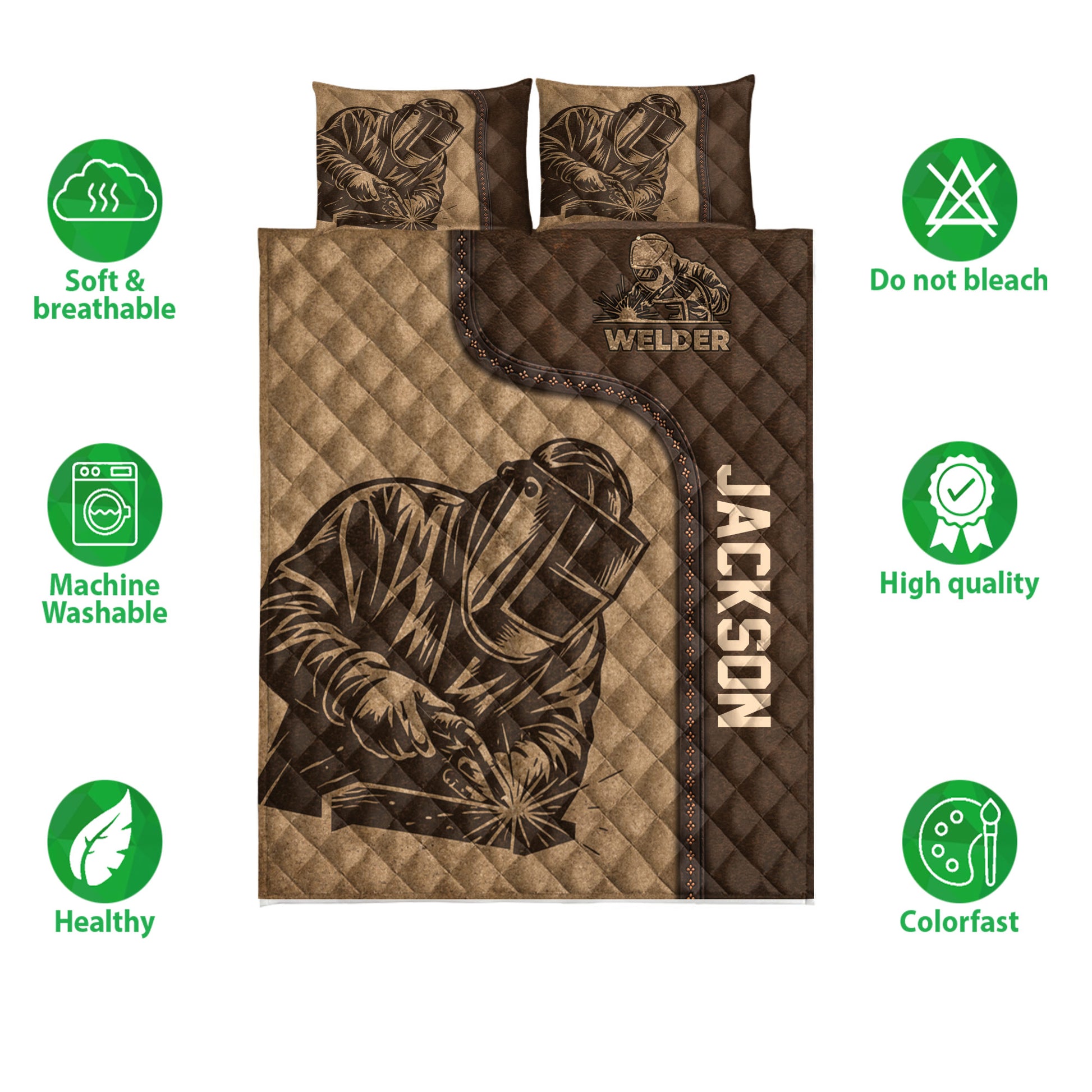 Welder quilt bedding set shown flat with brown diamond quilting and welding-themed artwork