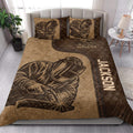 Welder quilt bedding styled in a bright bedroom with brown industrial artwork