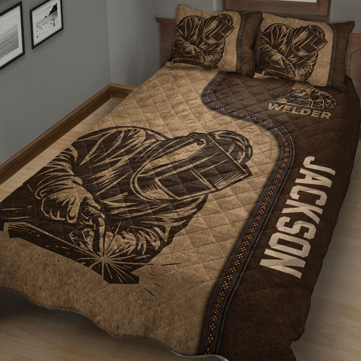 Close bedroom view of a brown welder quilt blanket featuring helmet and sparks artwork