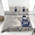 Basketball quilt blanket displayed on a bed with navy basketball artwork and motivational game lessons